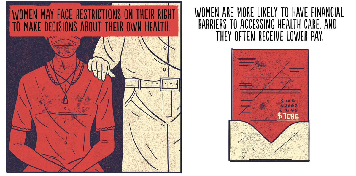 Pair of panels about women's restrictions on making decisions about their healthcare