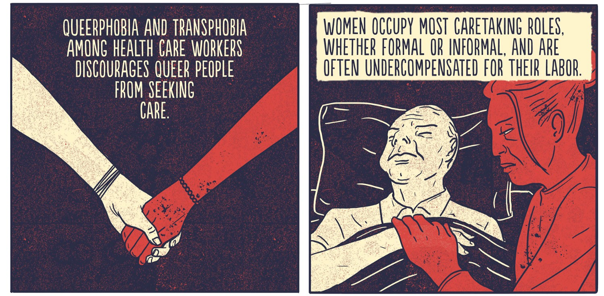 Pair of panels: one about queerphobia and TB, one about women as caretakers