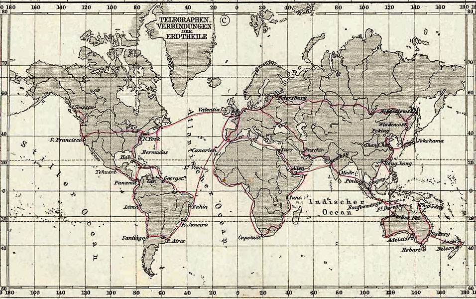 A map of world telegraph networks in 1891.