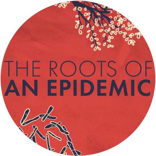 The Roots of an Epidemic logo depicting a flowering tree and bacteria under a microscope