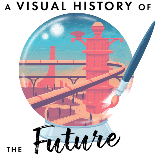 A Visual History of the Future logo depicting a paintbrush and a snowglobe
