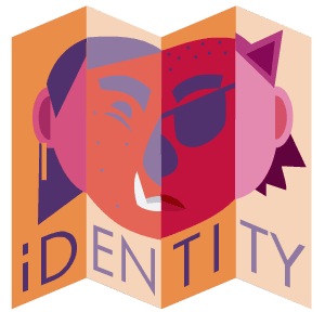 The logo for How We Get To Next's Identity month–a piece of paper with a face made up of other faces.