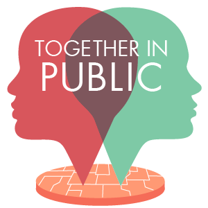 Together in Public logo with the silhouettes of two heads facing away from each other